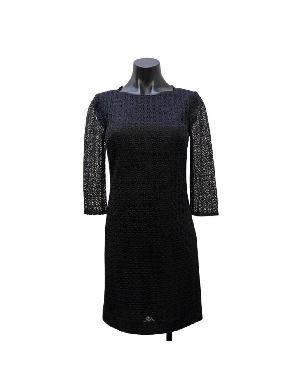 Trina Turk Black Lace Sheath Dress With 3/4 Sleeves Open Back Size 0